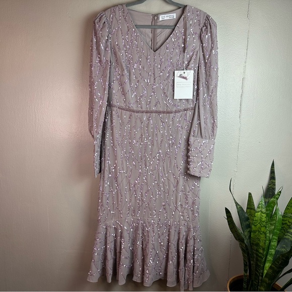 Mac Duggal sequin V-neck, long bishop sleeve trumpet dress Sz 10 - Picture 3 of 14